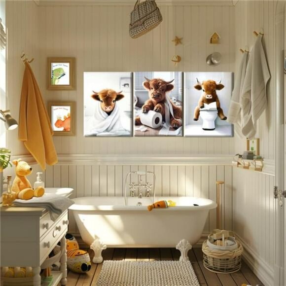 Highland Cow Wall Art Set Framed Funny Bathroom Farmhouse Rustic Decor 12x16 - Picture 3 of 8